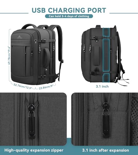 Travel Backpack, Expandable 50L Luggage Airline Approved, Water Resistant Laptop Backpack for Men and Women, Fits 17 Inc