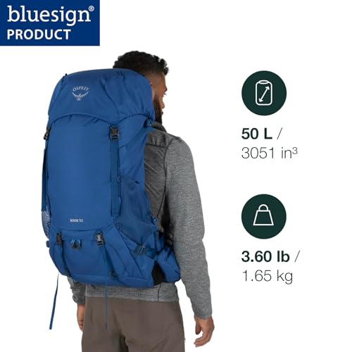 Osprey Rook 50L Men's Backpacking Backpack - Astology Blue/Blue Flame | Bluesign Approved | Hiking & Camping